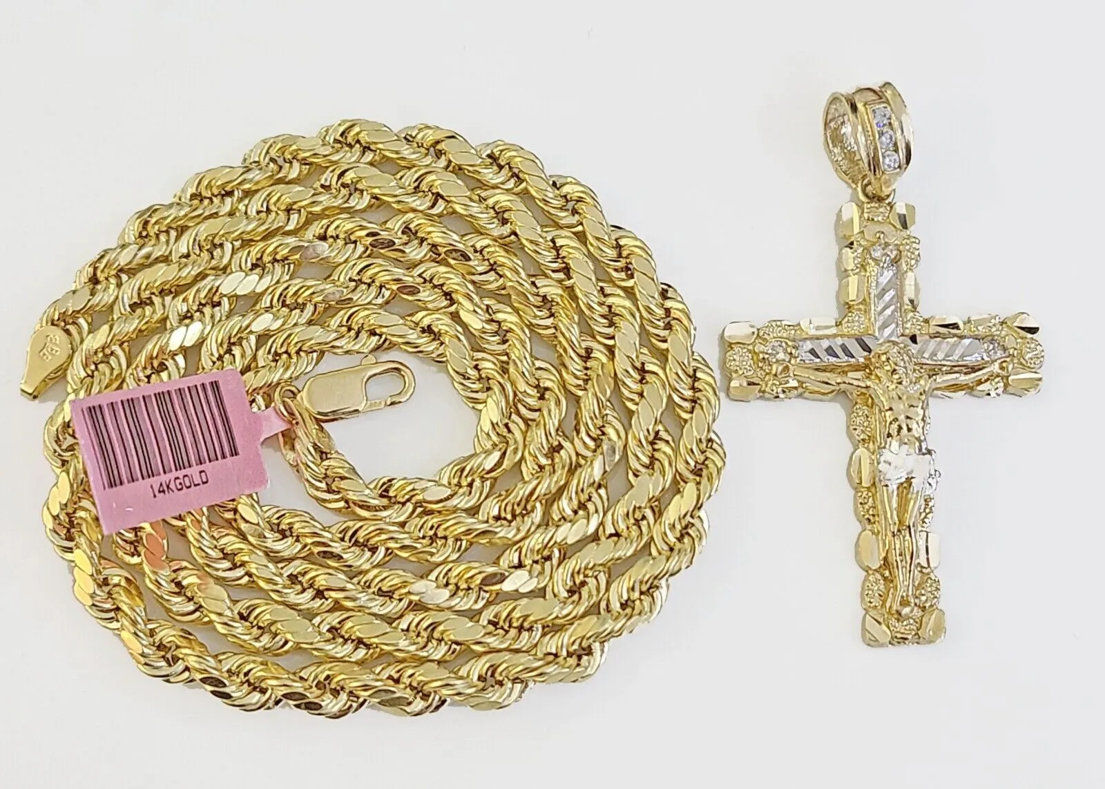 14k Gold Nugget Cross Pendent and 5mm 24 Inches Rope Chain
