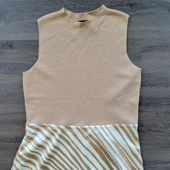 Ann Taylor Tan Zebra Print Mixed-Media Sleeveless Flare Dress NWT Size Medium