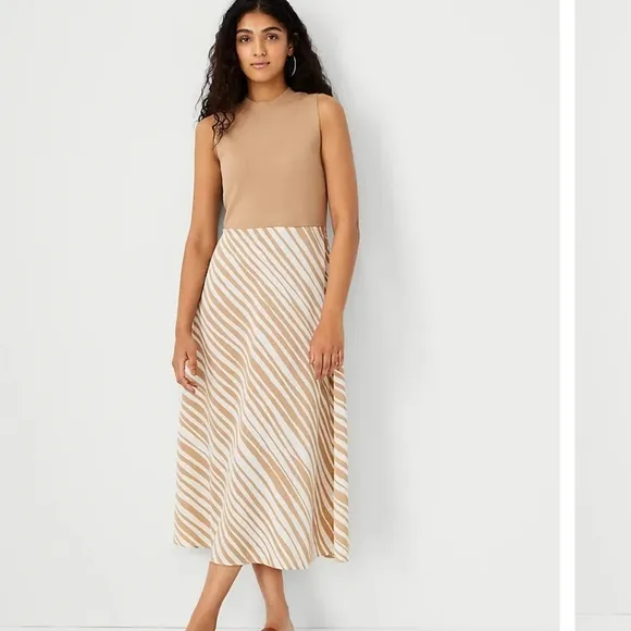 Ann Taylor Tan Zebra Print Mixed-Media Sleeveless Flare Dress NWT Size Medium