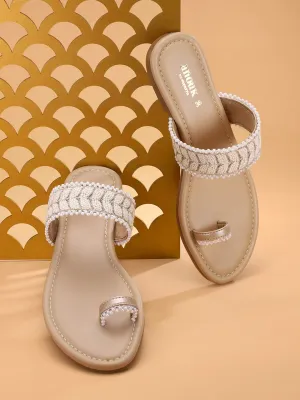 Anouk Women Off-White Woven Design One Toe Flats