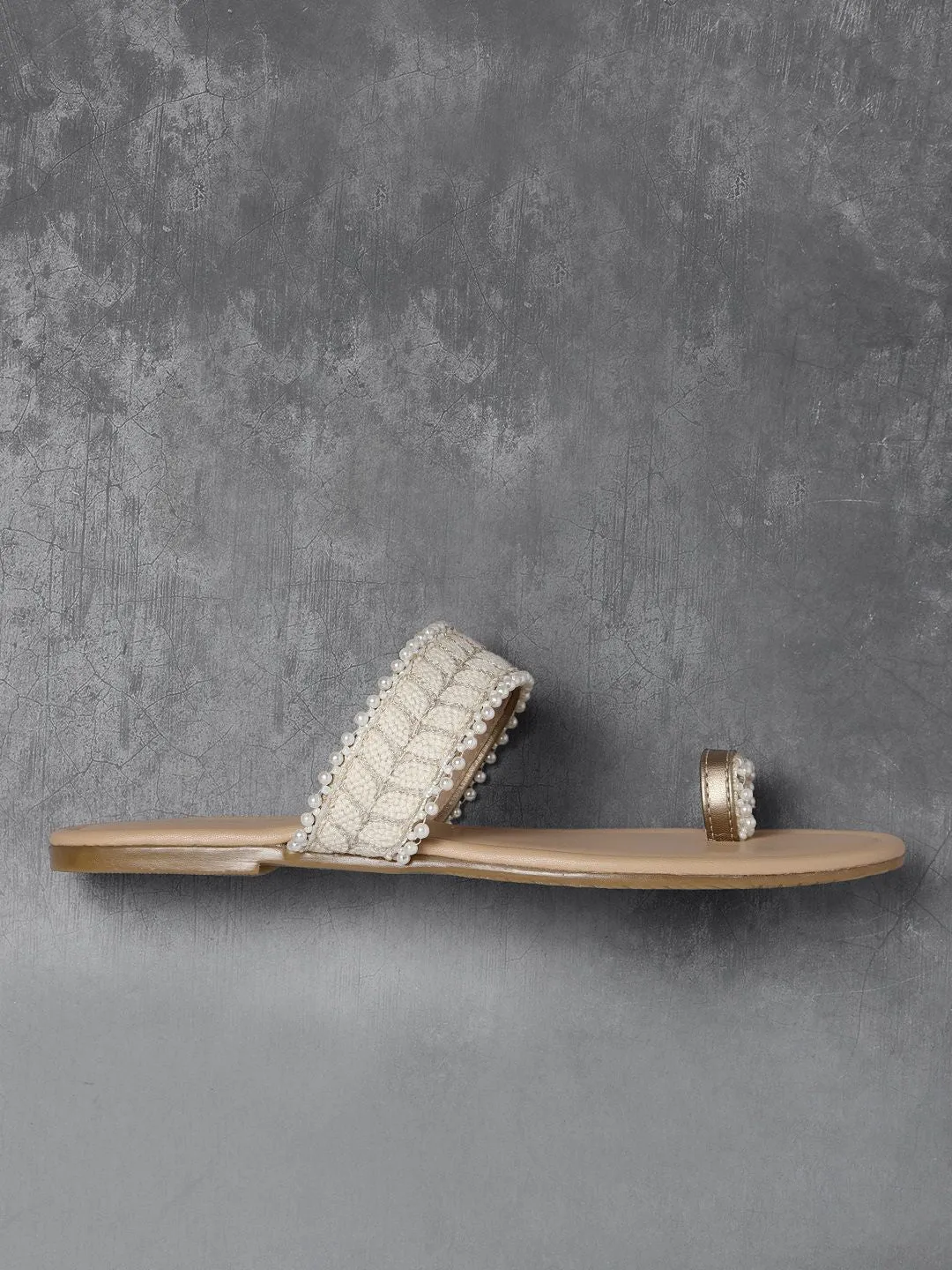 Anouk Women Off-White Woven Design One Toe Flats