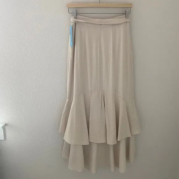 Antonio Melani Ruffle Skirt Striped Tie Waist Khaki Ivory Size 4 NWT