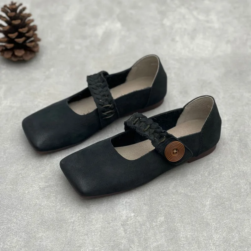 Artistic Retro Square Toe Handmade Woven Strap Leather Flats