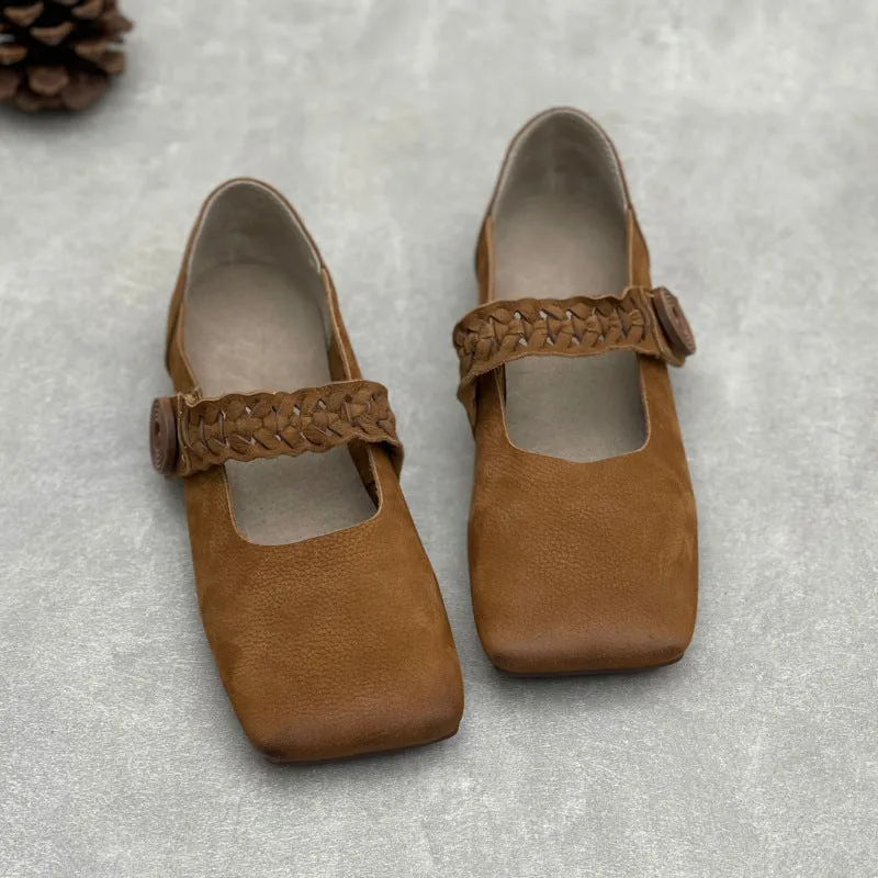 Artistic Retro Square Toe Handmade Woven Strap Leather Flats