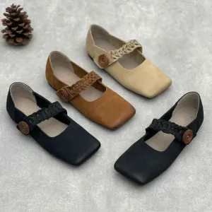 Artistic Retro Square Toe Handmade Woven Strap Leather Flats