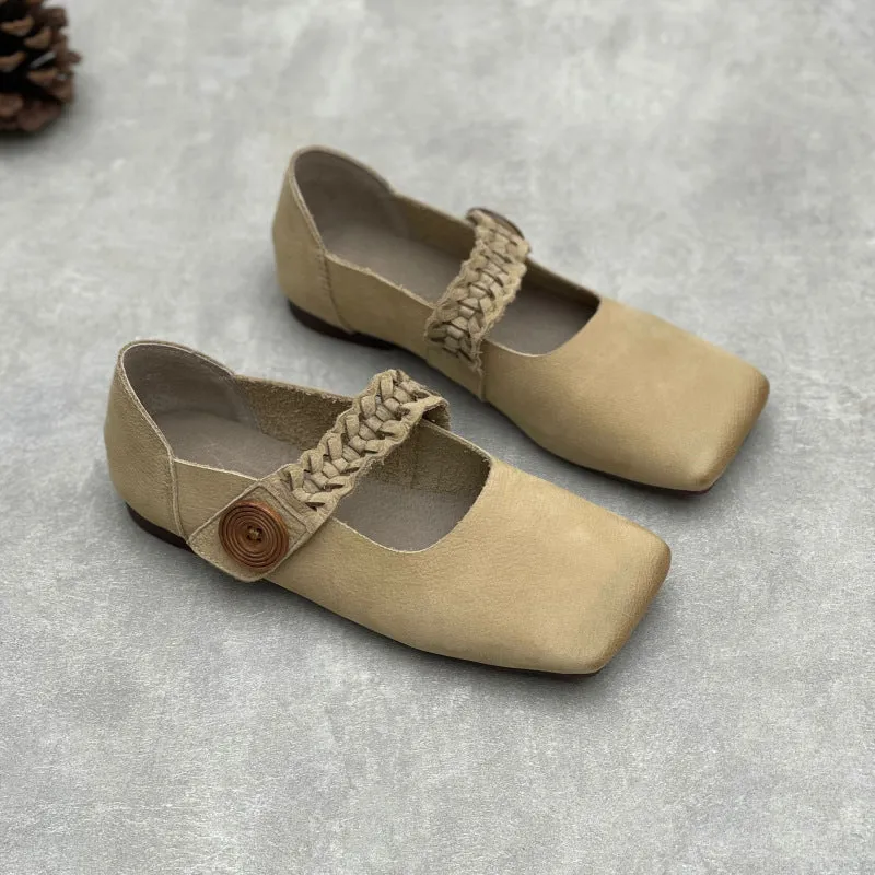 Artistic Retro Square Toe Handmade Woven Strap Leather Flats