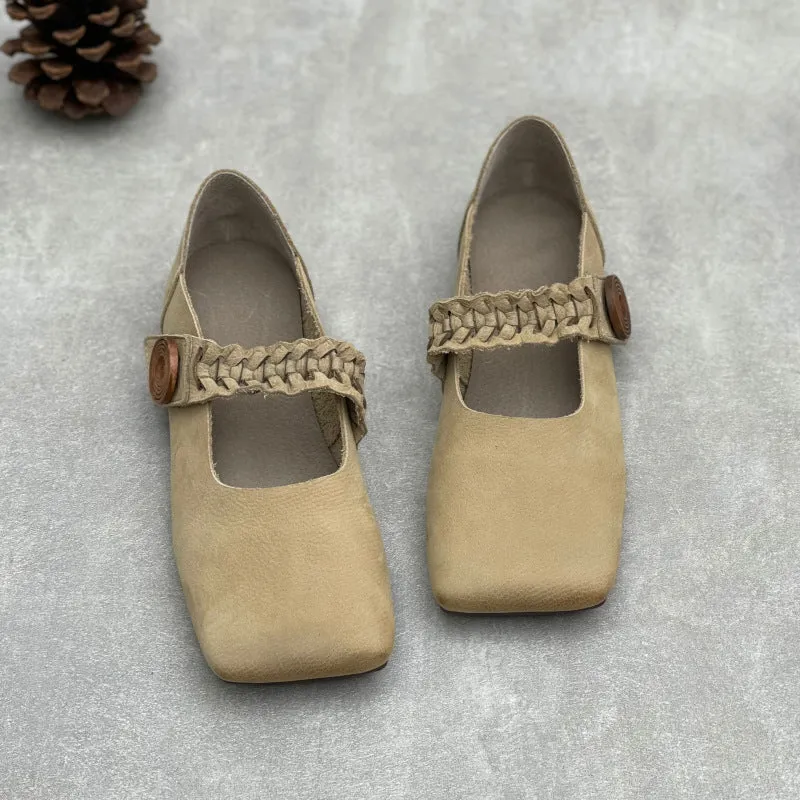 Artistic Retro Square Toe Handmade Woven Strap Leather Flats
