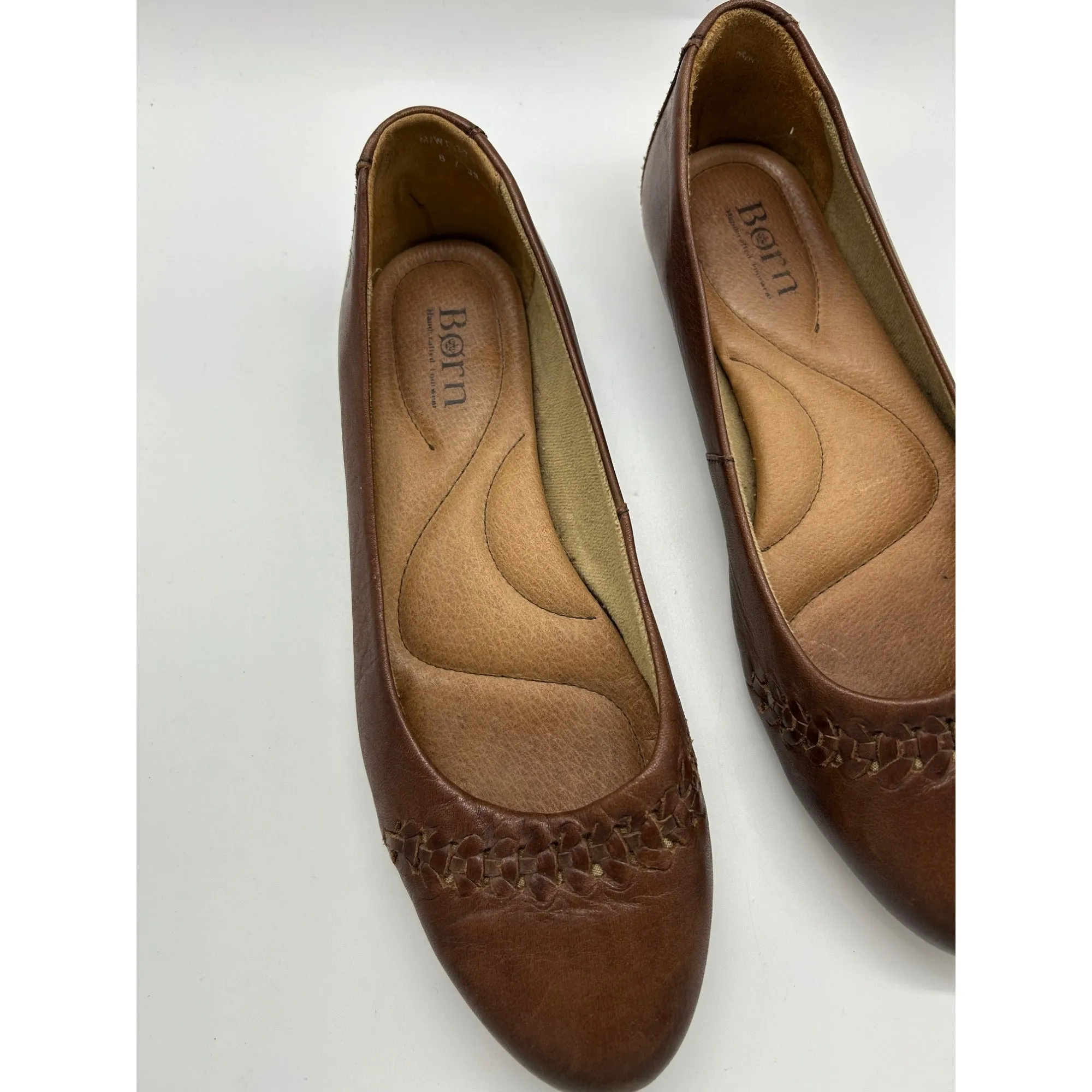 Born Womens Brown Leather Flats With Woven Toe Detail #6641