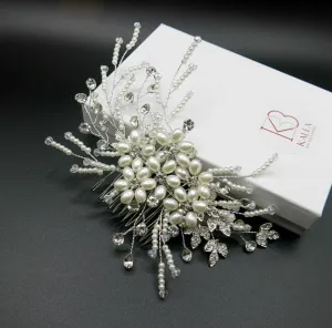 Bridal Oval Pearl Flower Hair Comb, Wedding Pearl Hair Piece, White Pearl Floral Bridesmaid Hair Accessory