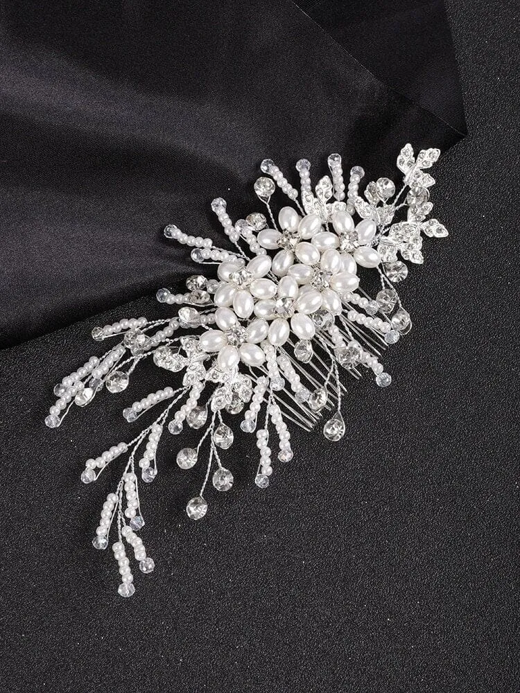 Bridal Oval Pearl Flower Hair Comb, Wedding Pearl Hair Piece, White Pearl Floral Bridesmaid Hair Accessory