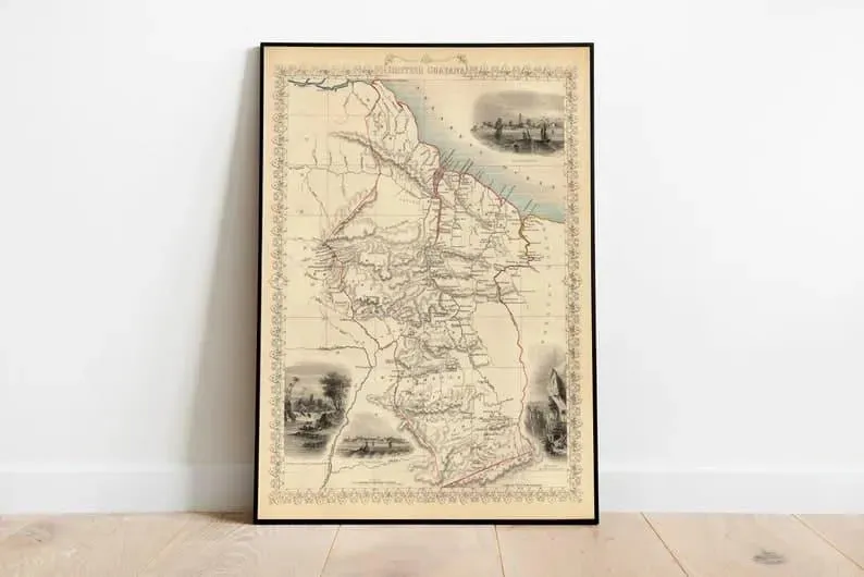 British Guiana Map Print Wall Art| 1851 British Guayana Vintage Map Wall Prints