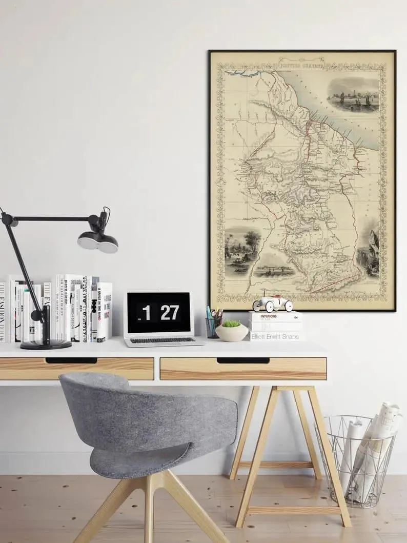 British Guiana Map Print Wall Art| 1851 British Guayana Vintage Map Wall Prints