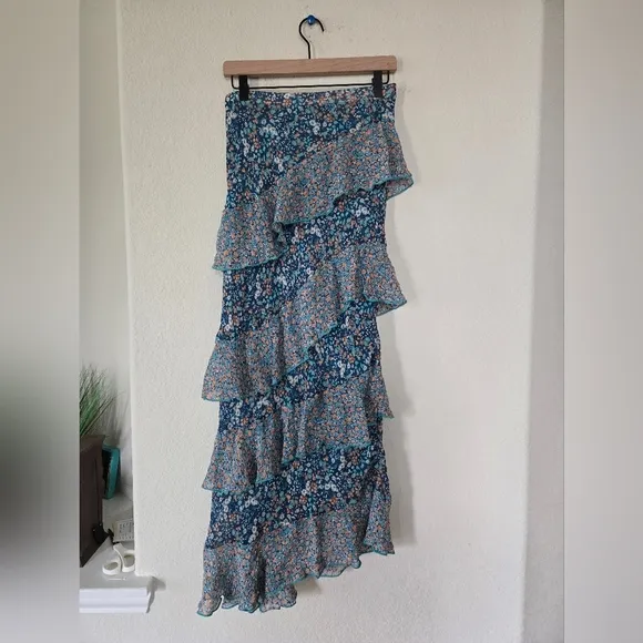 By Anthropologie Ruffle Flounce Maxi Skirt Size Small Blue Floral