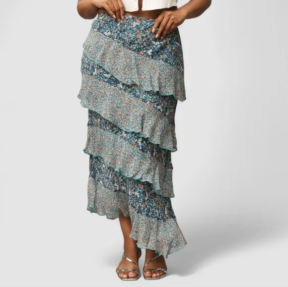 By Anthropologie Ruffle Flounce Maxi Skirt Size Small Blue Floral