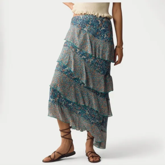By Anthropologie Ruffle Flounce Maxi Skirt Size Small Blue Floral