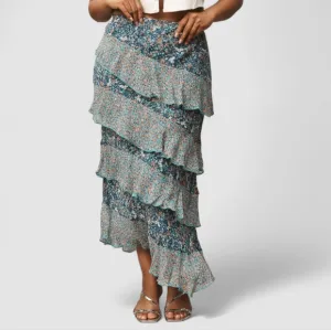 By Anthropologie Ruffle Flounce Maxi Skirt Size Small Blue Floral