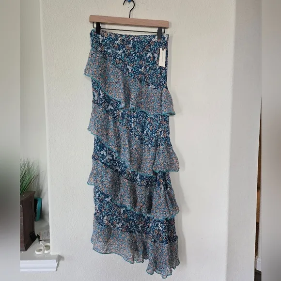 By Anthropologie Ruffle Flounce Maxi Skirt Size Small Blue Floral