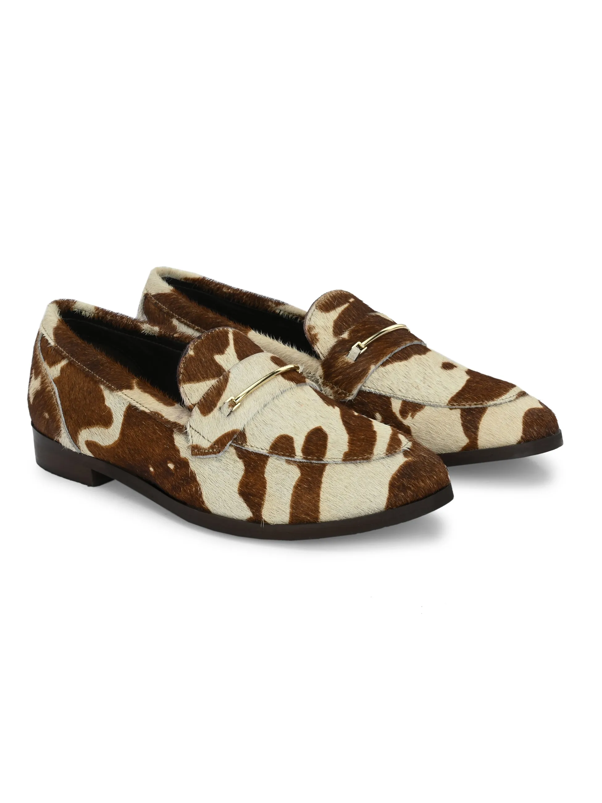 CARLO ROMANO HAIR OR FUR LEATHER BROWN-WHITE COLOR MOCCASIN SHOE FOR WOMEN