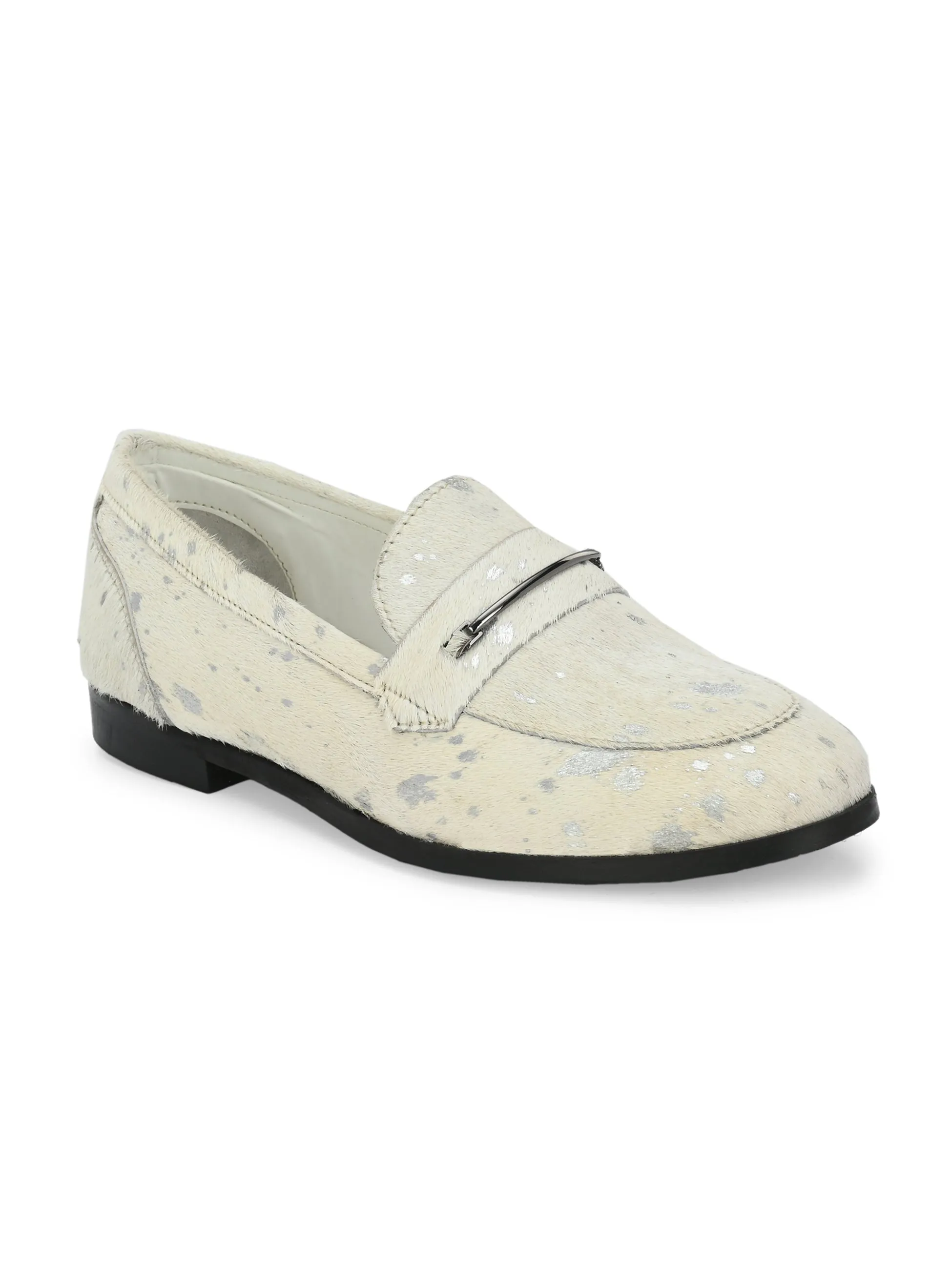 CARLO ROMANO HAIR OR FUR LEATHER WHITE-SILVER COLOR MOCCASIN SHOE FOR WOMEN