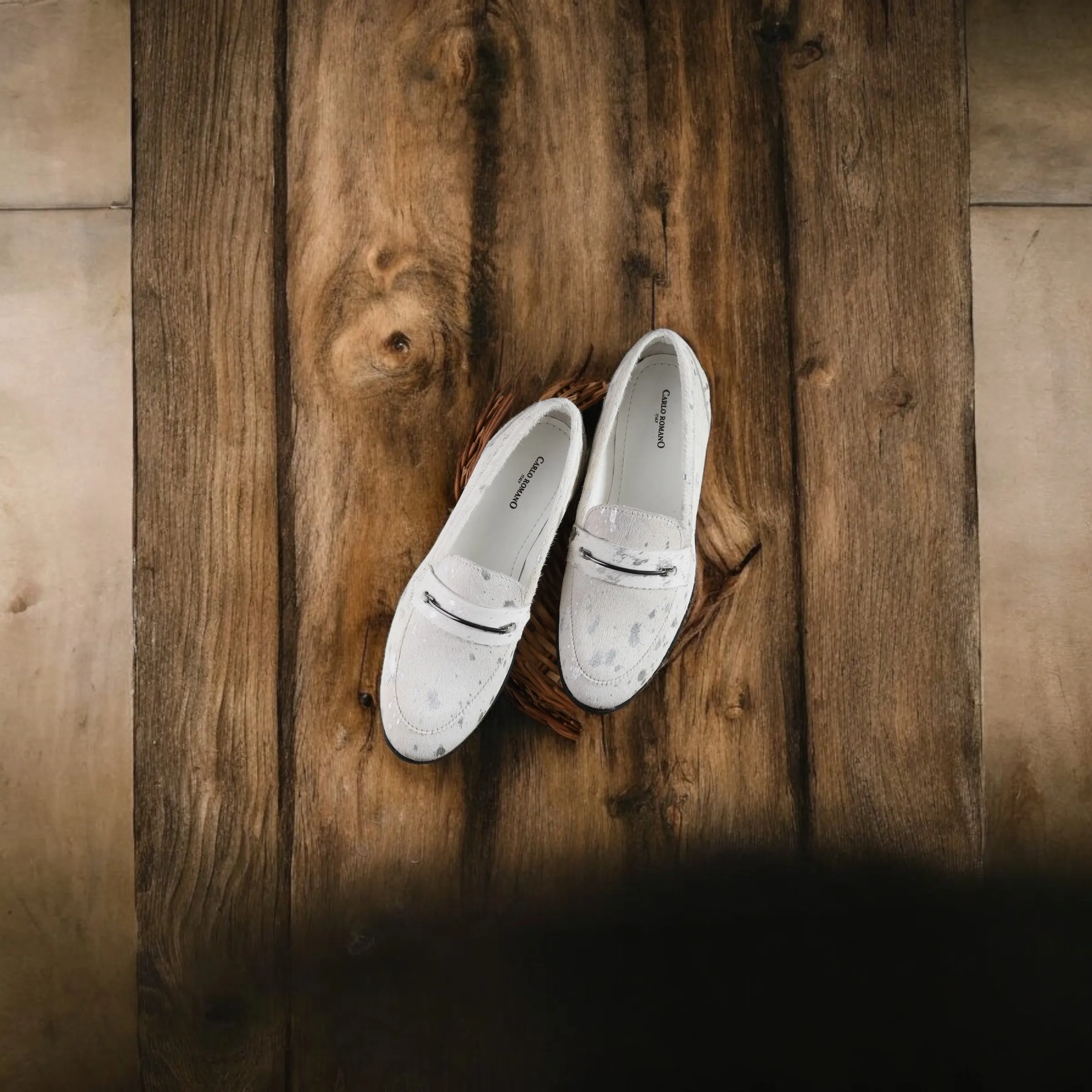 CARLO ROMANO HAIR OR FUR LEATHER WHITE-SILVER COLOR MOCCASIN SHOE FOR WOMEN
