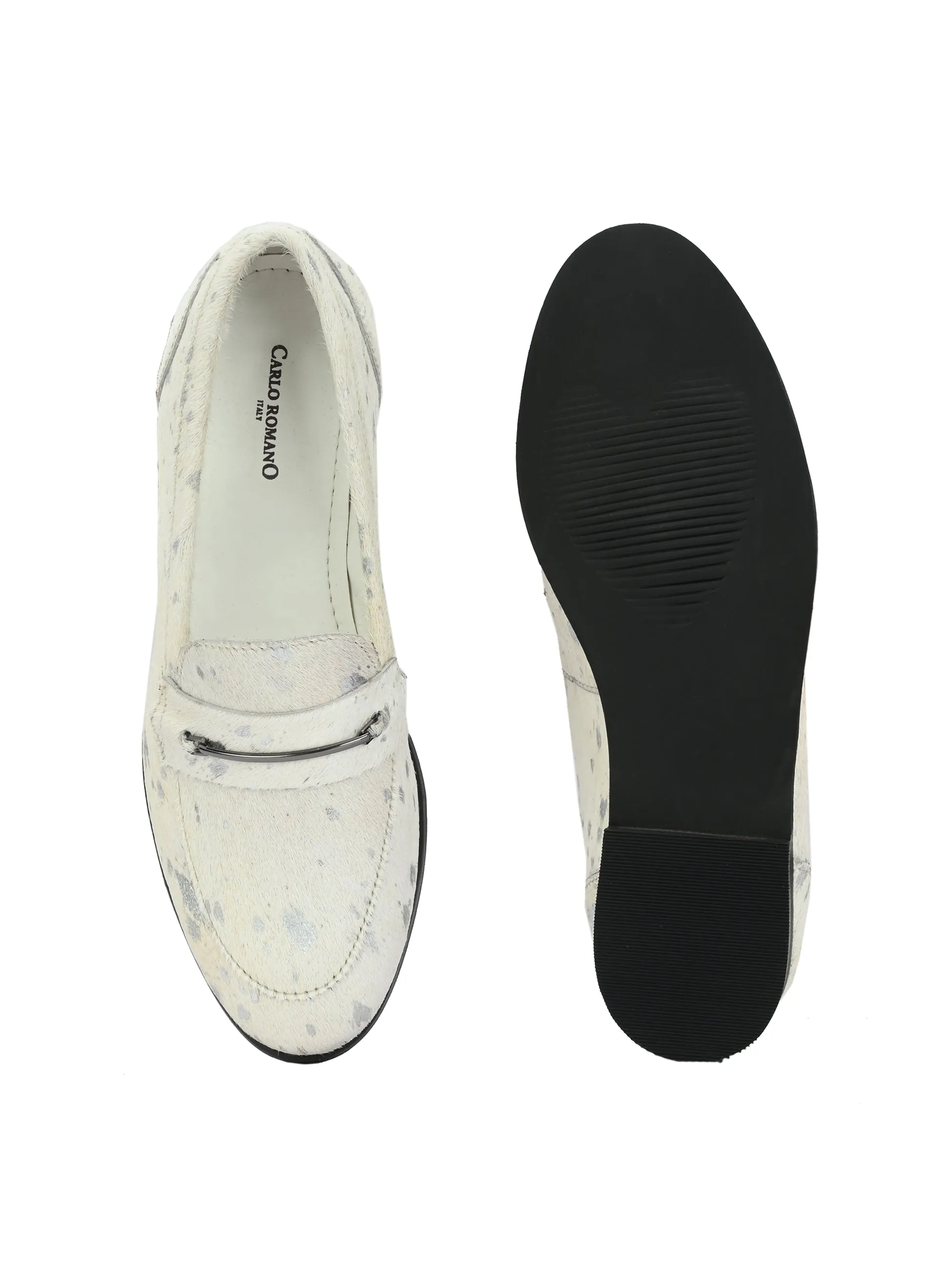 CARLO ROMANO HAIR OR FUR LEATHER WHITE-SILVER COLOR MOCCASIN SHOE FOR WOMEN