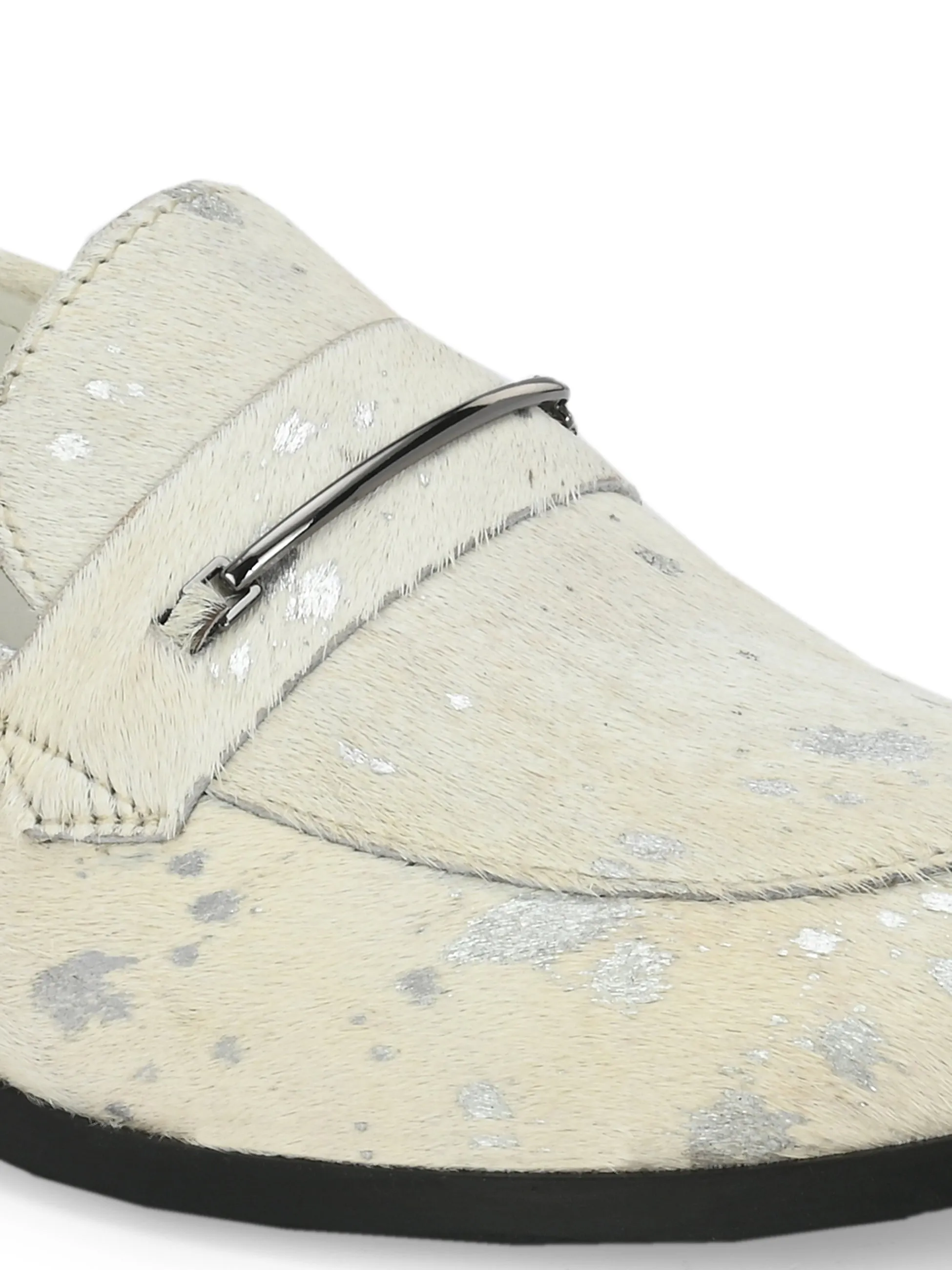 CARLO ROMANO HAIR OR FUR LEATHER WHITE-SILVER COLOR MOCCASIN SHOE FOR WOMEN