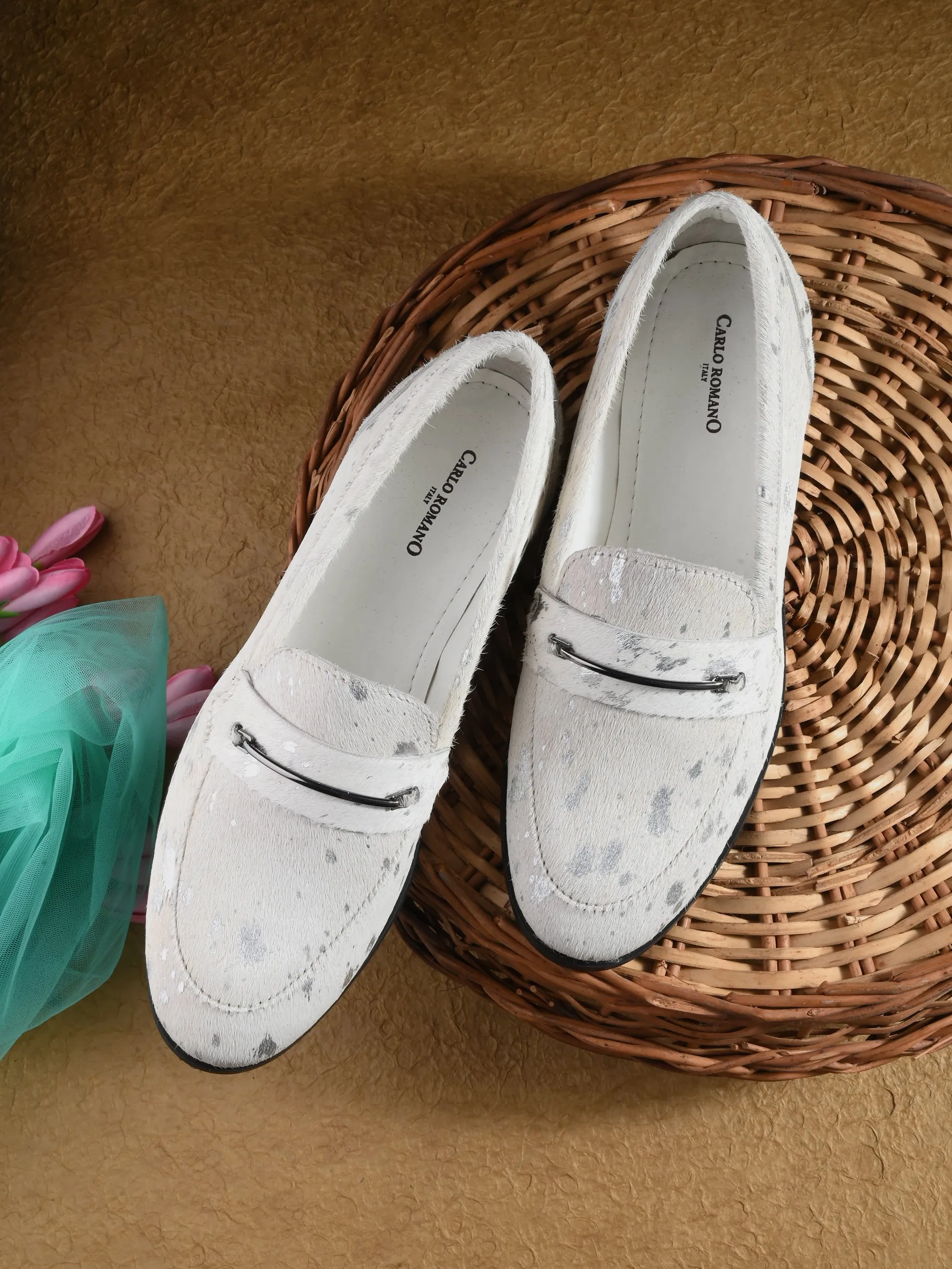 CARLO ROMANO HAIR OR FUR LEATHER WHITE-SILVER COLOR MOCCASIN SHOE FOR WOMEN