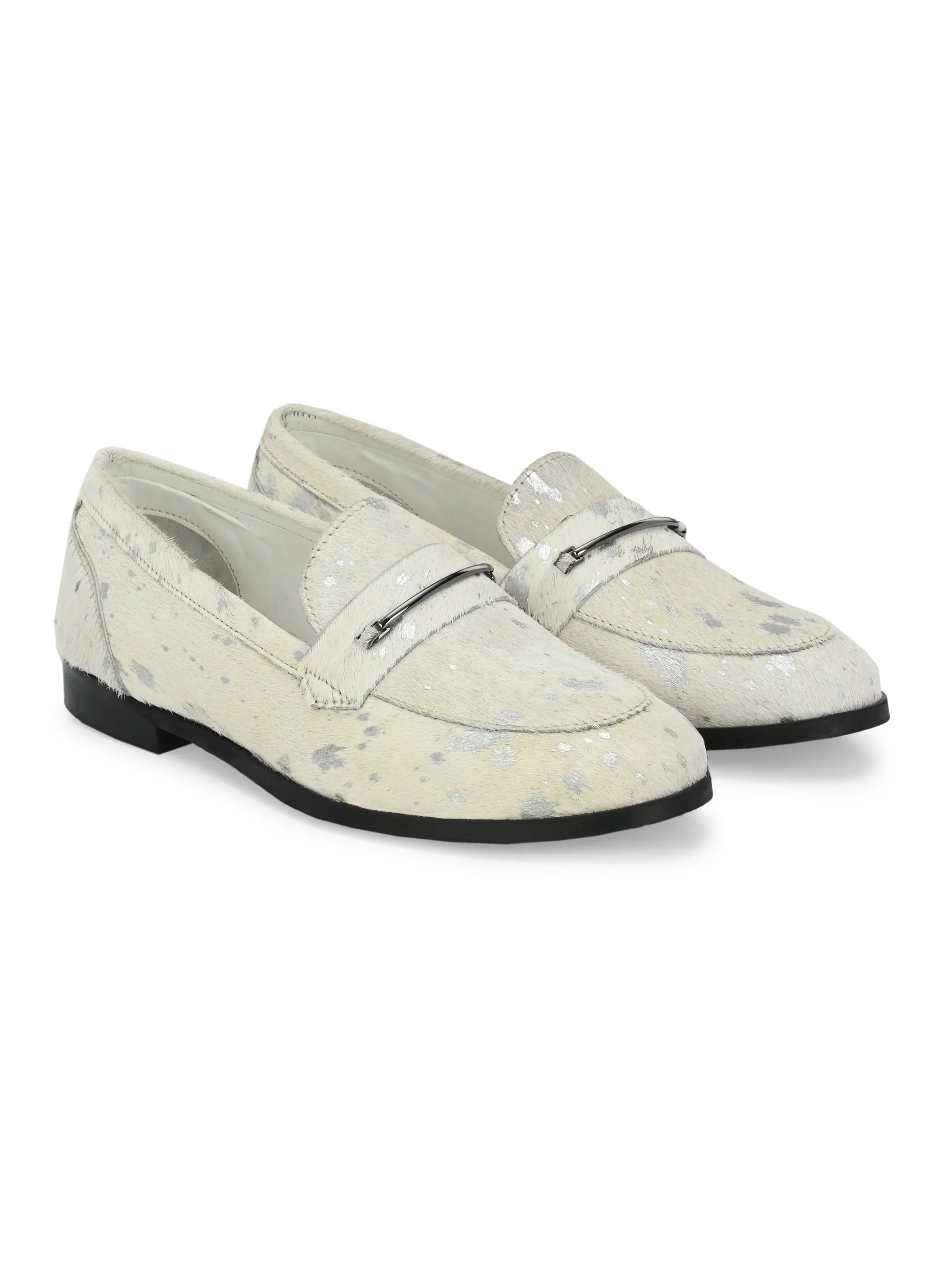 CARLO ROMANO HAIR OR FUR LEATHER WHITE-SILVER COLOR MOCCASIN SHOE FOR WOMEN