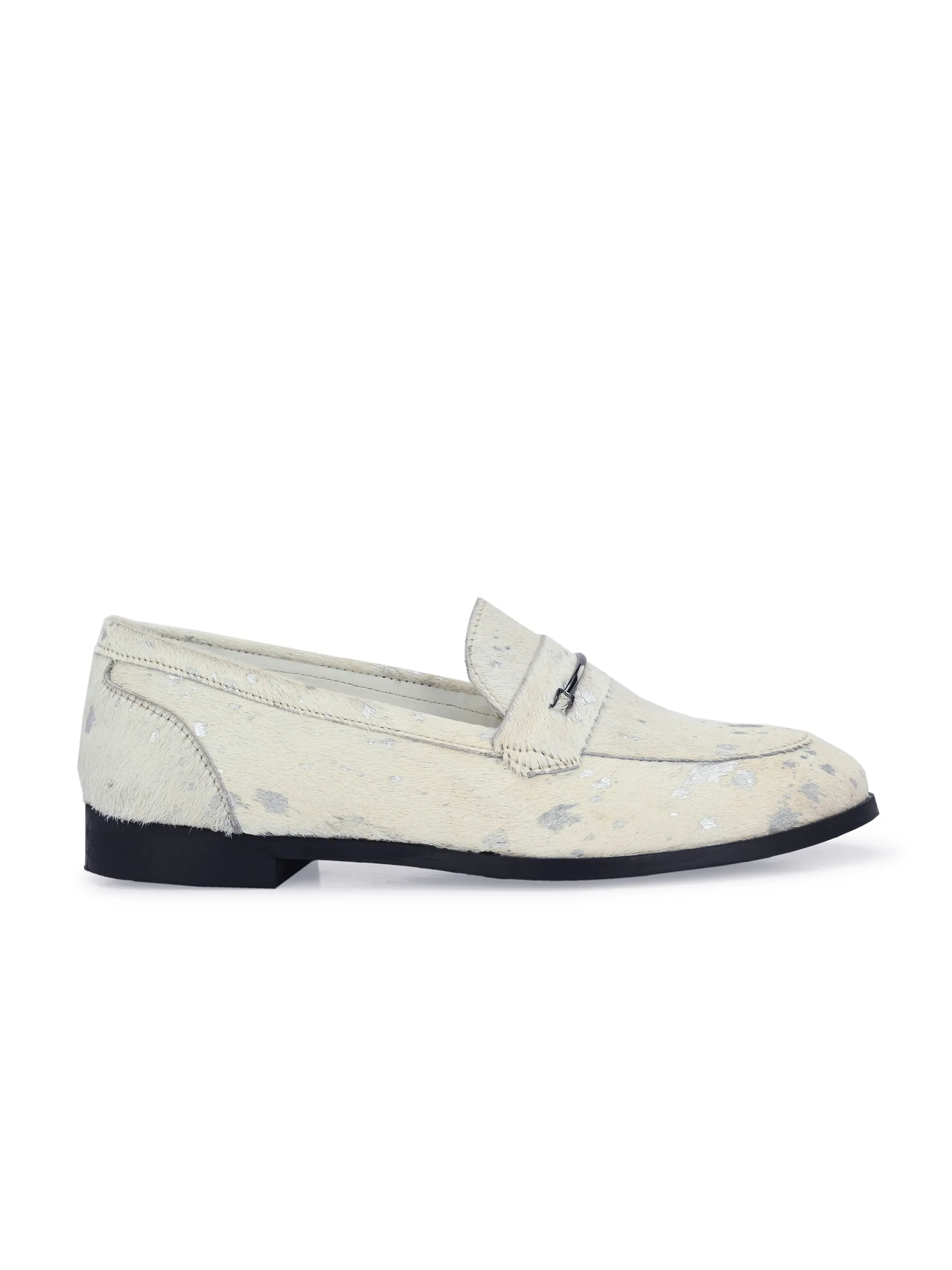 CARLO ROMANO HAIR OR FUR LEATHER WHITE-SILVER COLOR MOCCASIN SHOE FOR WOMEN