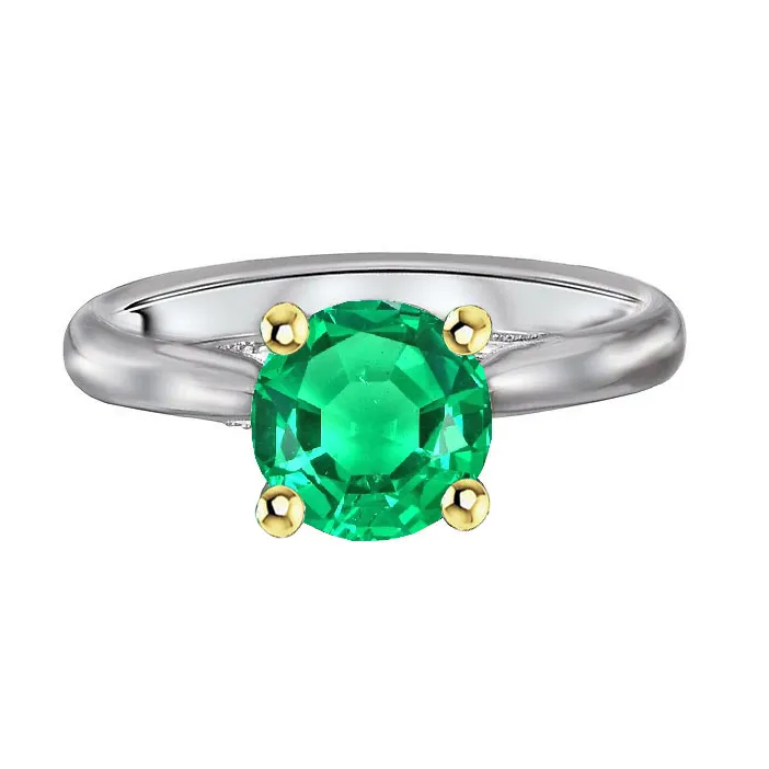 Casual Green Emerald Solitaire Ring Cathedral Set