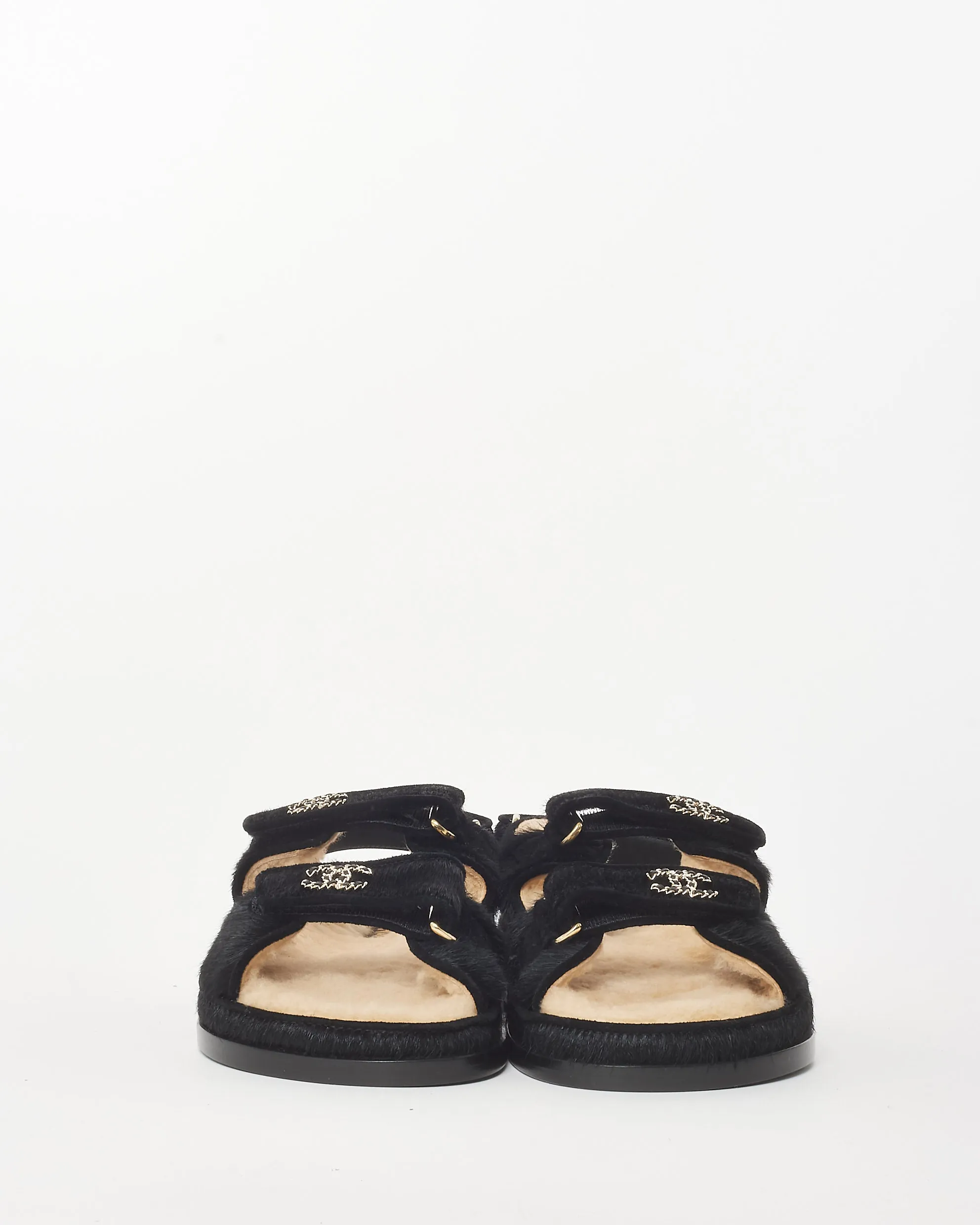 Chanel Black Pony Hair & Shearling Logo Dad Sandals - 37