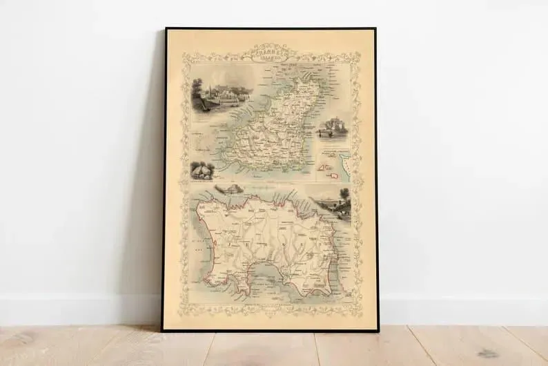 Channel Islands Map Print Wall Art| English Channel Vintage Map Wall Prints