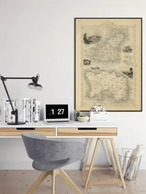 Channel Islands Map Print Wall Art| English Channel Vintage Map Wall Prints