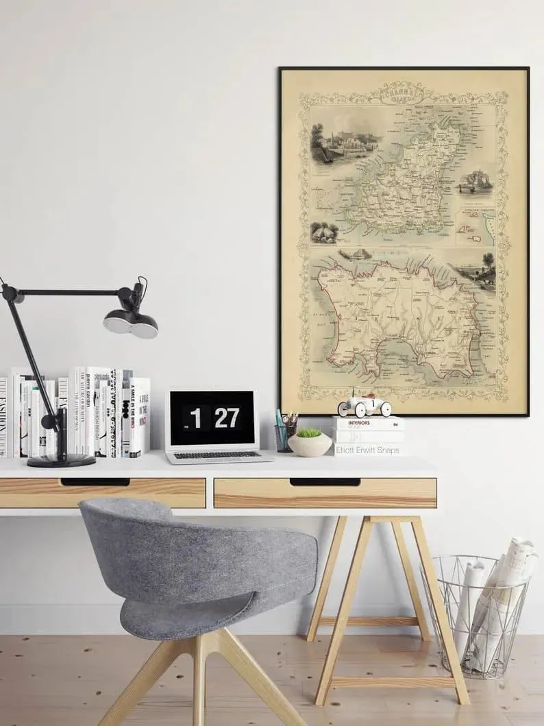 Channel Islands Map Print Wall Art| English Channel Vintage Map Wall Prints
