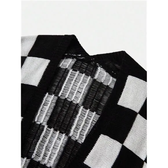 Checked Drop Shoulder Cardigan