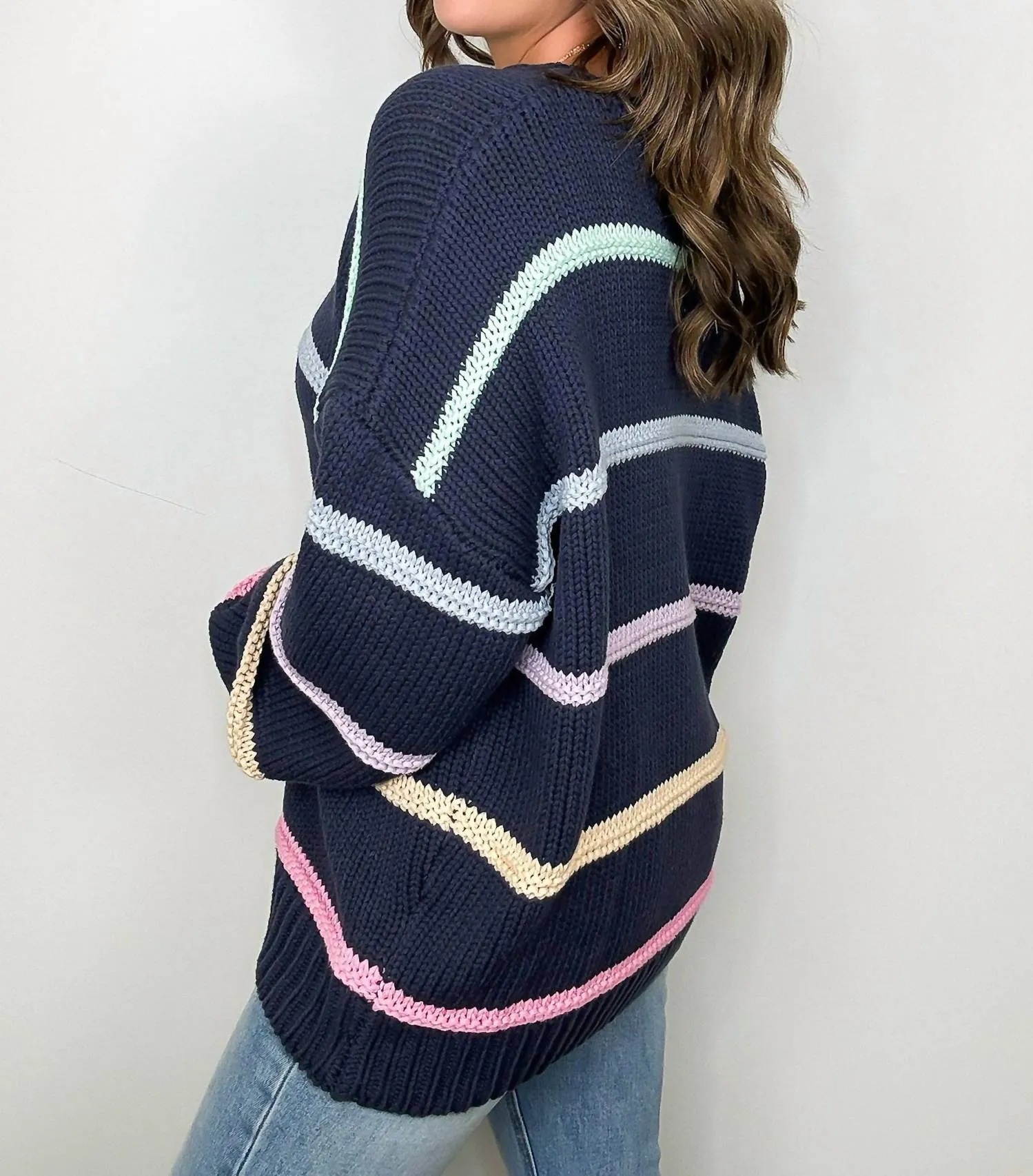 Chenille Striped Sweater In Navy/ Multi