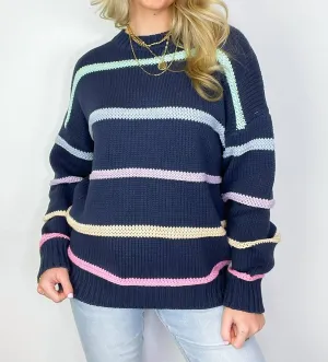 Chenille Striped Sweater In Navy/ Multi