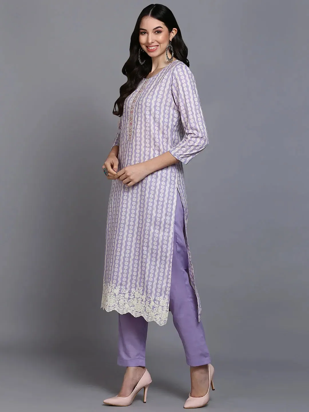 Cotton Lavender Printed Straight Kurta Pant With-VKSKD1910