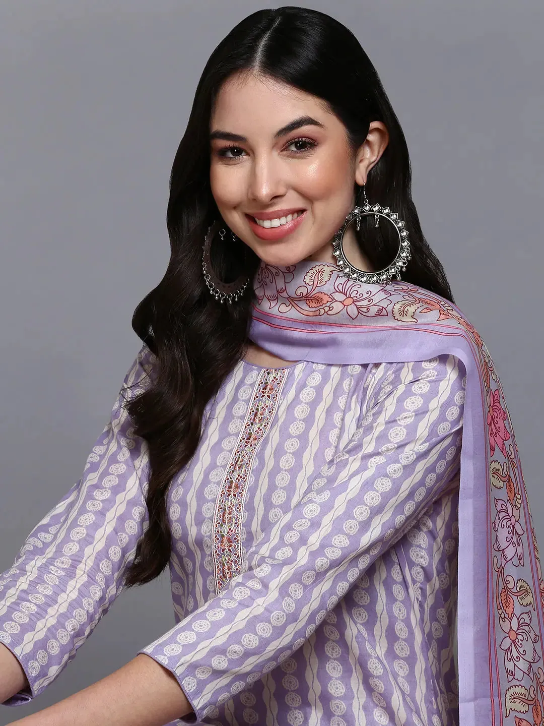 Cotton Lavender Printed Straight Kurta Pant With-VKSKD1910