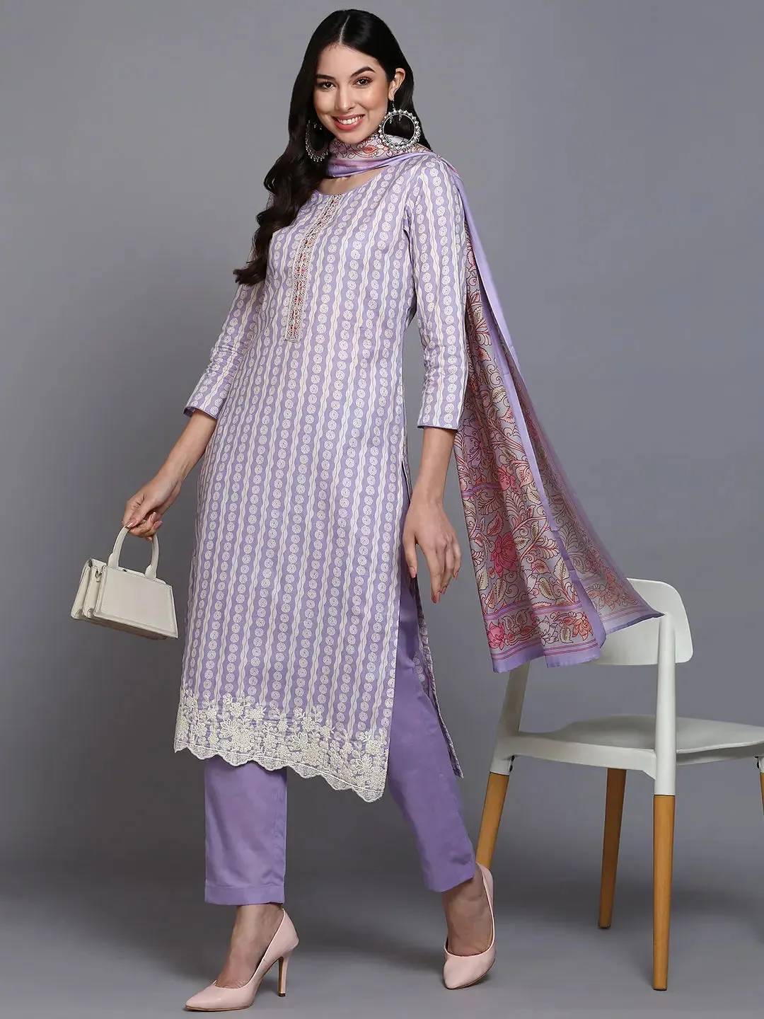 Cotton Lavender Printed Straight Kurta Pant With-VKSKD1910