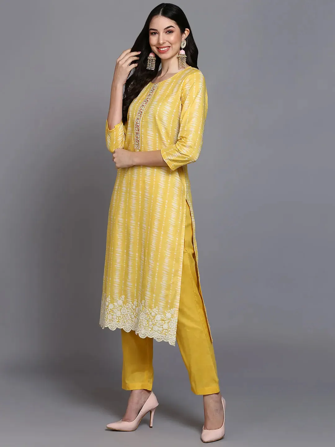 Cotton Yellow Printed Straight Kurta Pant With-VKSKD1911