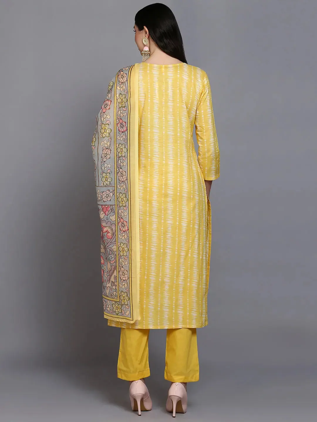 Cotton Yellow Printed Straight Kurta Pant With-VKSKD1911