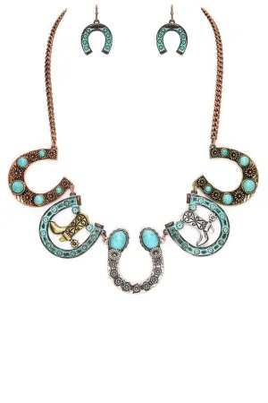Cowboy Boots Horse Shoe Statement Necklace Set