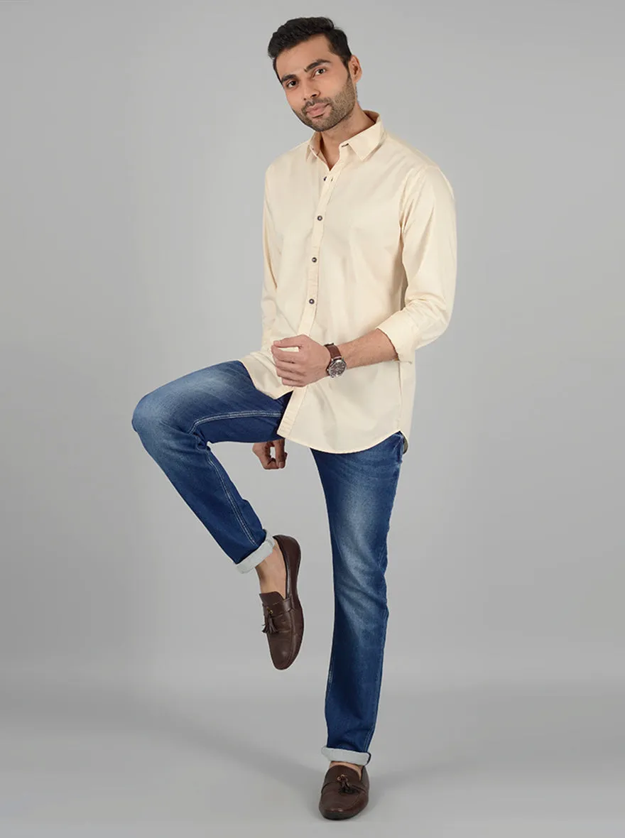 Cream Solid Slim Fit Casual Shirt | JadeBlue