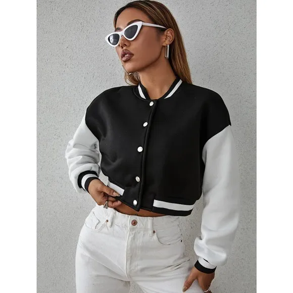 Drop Shoulder Two Tone Crop Bomber Jacket preppy black white