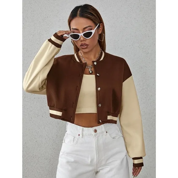 Drop Shoulder Two Tone Crop Bomber Jacket preppy black white