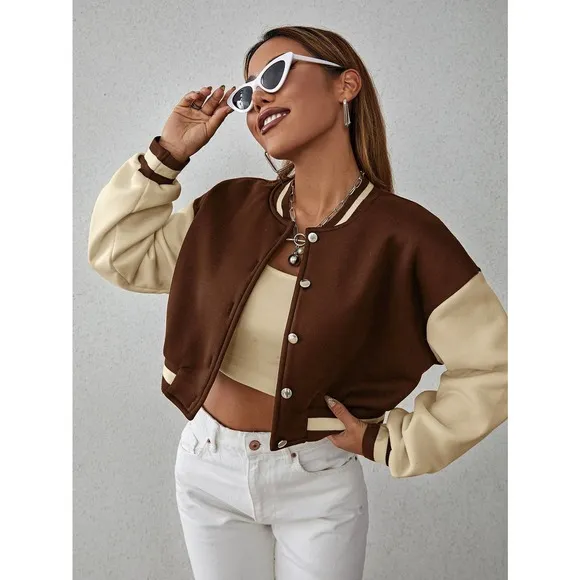 Drop Shoulder Two Tone Crop Bomber Jacket preppy black white