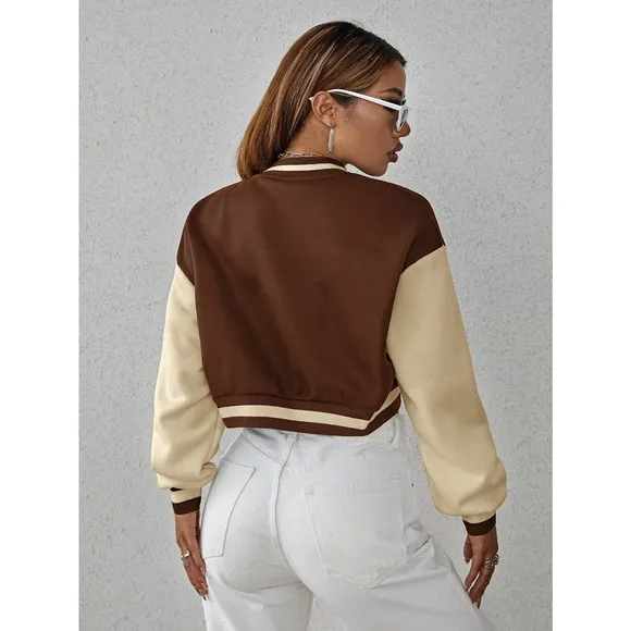 Drop Shoulder Two Tone Crop Bomber Jacket preppy black white