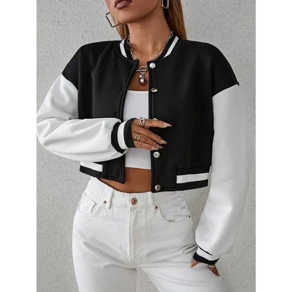Drop Shoulder Two Tone Crop Bomber Jacket preppy black white