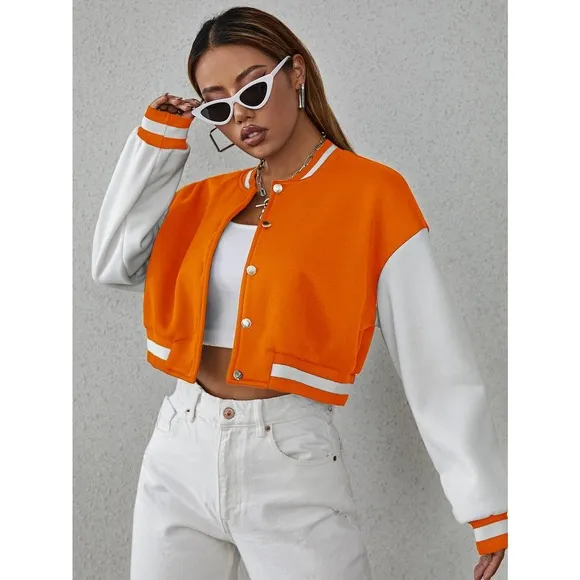 Drop Shoulder Two Tone Crop Bomber Jacket preppy black white